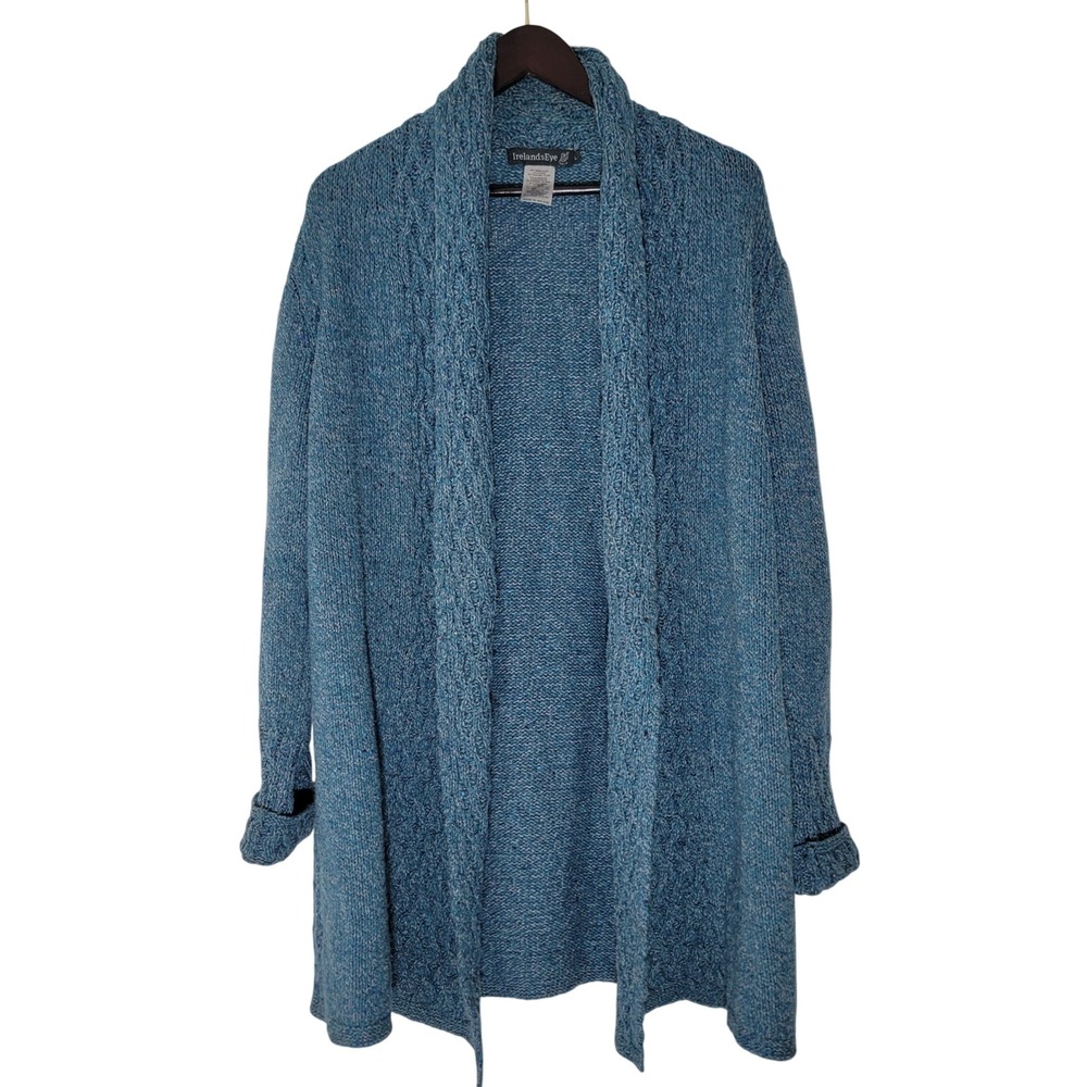 IrelandsEye Wool Cashmere Silk Open Front Cardigan Teal Blue Made in Ireland L
